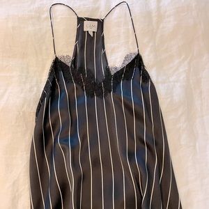 Black and white pin stripe silk camisole with lace trim